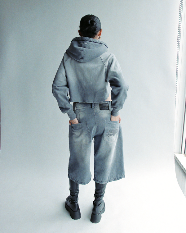 Gray Washed Denim Jorts Mujer