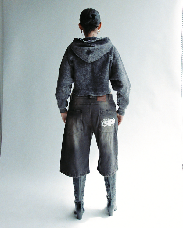 Black Washed Denim Jorts Mujer