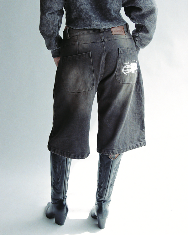 Black Washed Denim Jorts Mujer